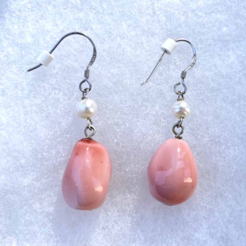 Sterling Silver Pearl Drop Earrings with simulated coral beads